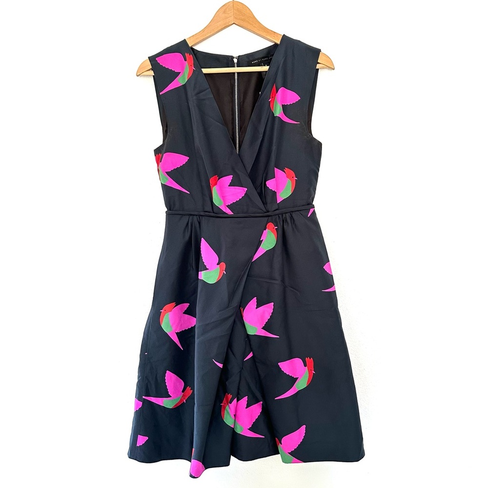 Marc By Marc Jacobs Black Dress with Pink and Green Bird Pattern